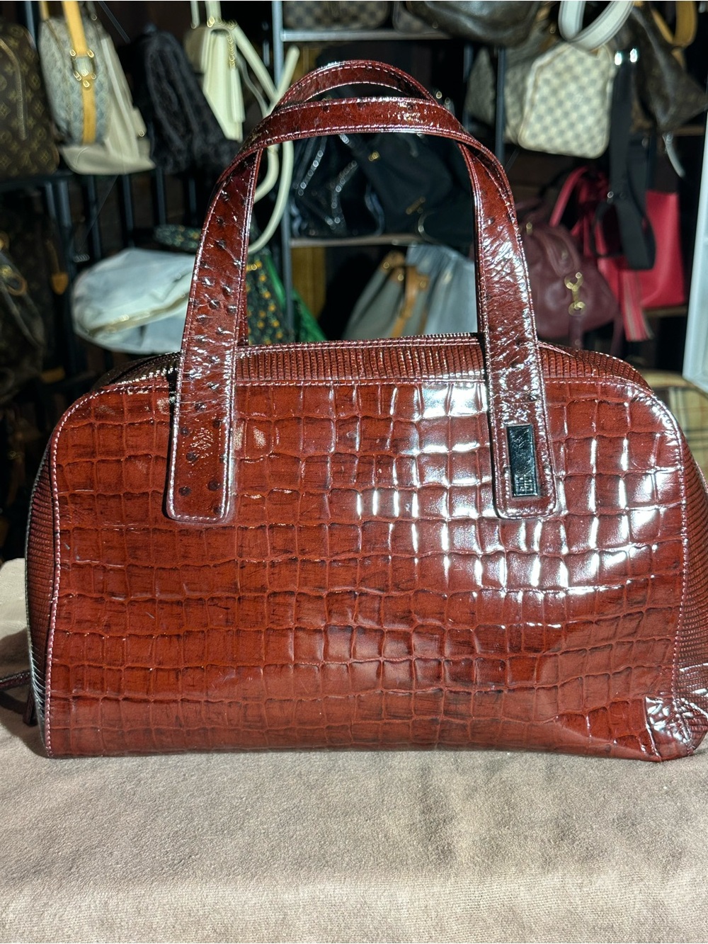Givenchy Croc-Embossed Patent Satchel in Rich Brown